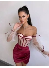 SATEN BÜSTİYER & ETEK SET BORDO