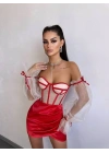 SATEN BÜSTİYER & ETEK SET KIRMIZI
