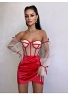 SATEN BÜSTİYER & ETEK SET KIRMIZI