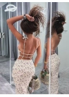 YIRTMAÇLI LASTİK ASKILI ELBİSE BEJ