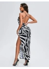 ZEBRA DESEN DANTEL DETAY UZUN ELBİSE ZEBRA