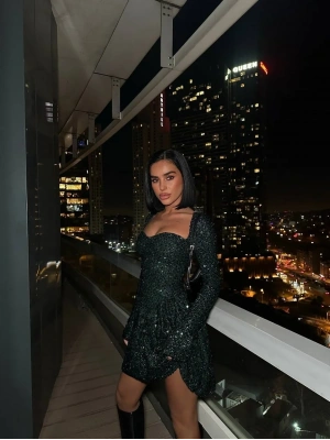 PAYET GLOPLU UZUN KOL ELBİSE YEŞİL