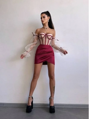 SATEN BÜSTİYER & ETEK SET BORDO