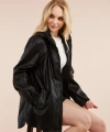 Kadın Siyah Uzun Kapüşonlu Deri Yağmurluk Ceket