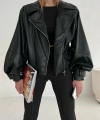 Kadın Suni Deri Geniş Kollu Biker Ceket