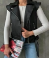 Kadın Siyah Deri Biker Yelek