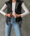 Kadın Siyah Deri Biker Yelek