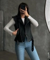 Kadın Siyah Deri Biker Yelek