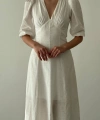 Kadın V Yaka Sırt Dekolteli Midiboy Keten Elbise