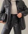 Double Cepli Çıtçıtlı Deri Gömlek Ceket Siyah