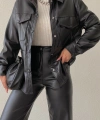 Double Cepli Çıtçıtlı Deri Gömlek Ceket Siyah