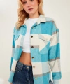 Kadın Turkuaz Ekoseli Cepli Oduncu Gömlek