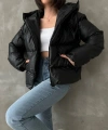 Kadın Siyah Kapüşonlu Şişme Deri Mont