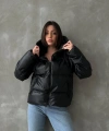 Kadın Siyah Kapüşonlu Şişme Deri Mont