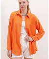 Kadın Oranj Hafif Oversize Keten Gömlek