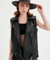 Kadın Siyah Deri Biker Oversize Yelek