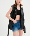 Kadın Siyah Deri Biker Oversize Yelek