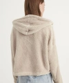 Kadın Krem Çift Cepli Kapüşonlu Peluş Hırka