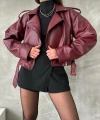 Oversıze Kemerli Deri Tarz Ceket