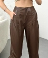 Kadın Yüksek Bel Şardonlu Deri Pantolon