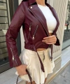 Kadın Bordo Fermuar Ve Kemer Detay Deri Ceket