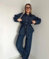 Koyu Lacivert Bağlamalı Denim Takım Oversize Ceket ve Pantolon