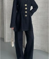 Koyu Lacivert Bağlamalı Denim Takım Oversize Ceket ve Pantolon