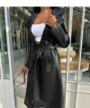 Kadın Siyah Kuşaklı Uzun Deri Pardesü