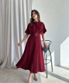 KEMER DETAYLI MİDİ ELBİSE BORDO RENK ELBİSE