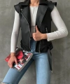 Kadın Siyah Deri Biker Yelek