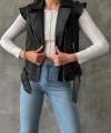 Kadın Siyah Deri Biker Yelek