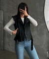 Kadın Siyah Deri Biker Yelek