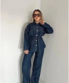 Koyu Lacivert Bağlamalı Denim Takım Oversize Ceket ve Pantolon