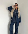 Koyu Lacivert Bağlamalı Denim Takım Oversize Ceket ve Pantolon