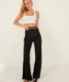 Kadın Siyah Yüksek Bel Zincir Detaylı Geniş Paça Dokuma Pantolon