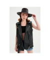 Kadın Siyah Deri Biker Oversize Yelek