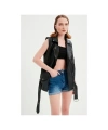 Kadın Siyah Deri Biker Oversize Yelek
