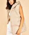 Kadın Bej Geniş Kalıp Cepli Kapüşonlu Kolsuz Şişme Yelek