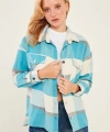 Kadın Turkuaz Ekoseli Cepli Oduncu Gömlek
