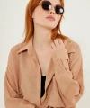 Kadın Kahve Hafif Oversize Keten Gömlek