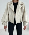Kadın Krem Oversize Deri Ceket