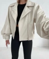 Kadın Krem Oversize Deri Ceket