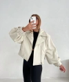 Kadın Krem Oversize Deri Ceket