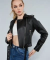 Kadın Kol Fermuarlı Cep Detaylı Deri Ceket