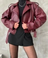 Kadın Oversize Bordo Deri Ceket