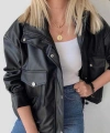 Yanlardan Büzgü Detaylı Deri Ceket - Oversize