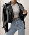 Siyah Oversıze Kemerli Deri Tarz Ceket
