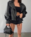 Suni Deri Geniş Kollu Bomber Ceket