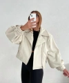 Kadın Krem Oversize Deri Ceket