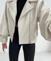 Kadın Krem Oversize Deri Ceket